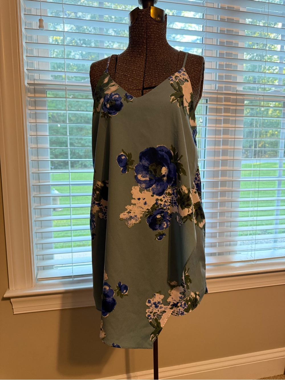 Free People Floral V-Neck Slip Dress in Sage with Blue Blooms